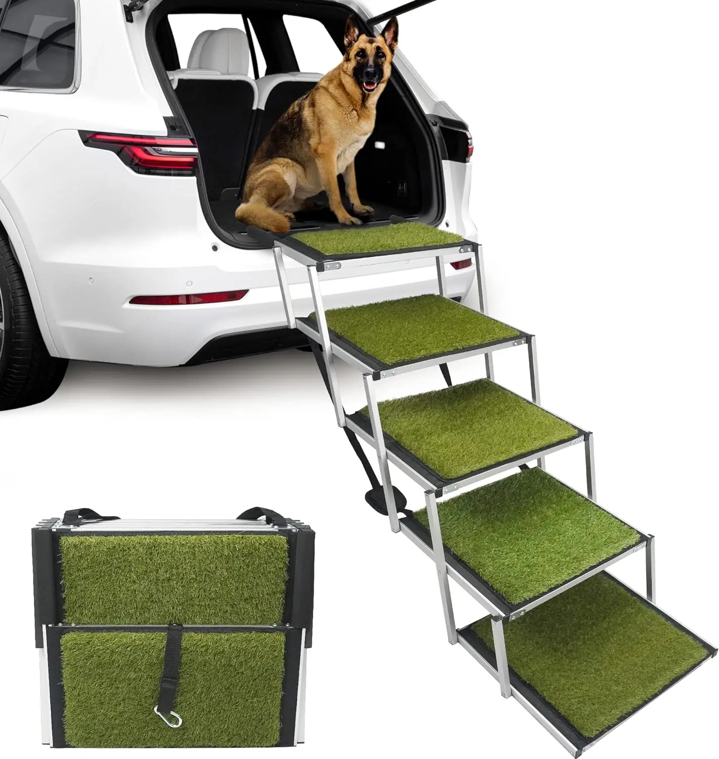 Extra Wide Grass Aluminum Folding Dog Ramp for  Dogs Portable Dog Car Step Dog Stair with Nonslip Surface Foldable Pet Stair