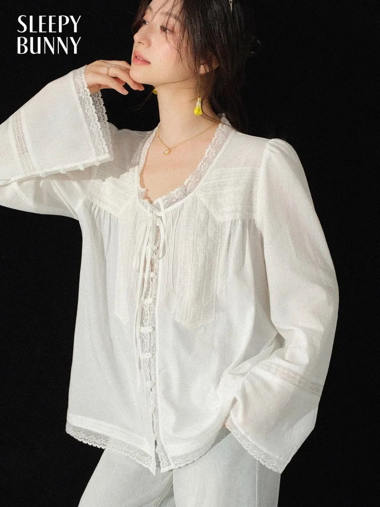 

Women Lace Patchwork Blouse Square Neck Elegant Vintage French Style Lady Loose Fit Long Sleeve Shirt Spring Sweet Casual Top
