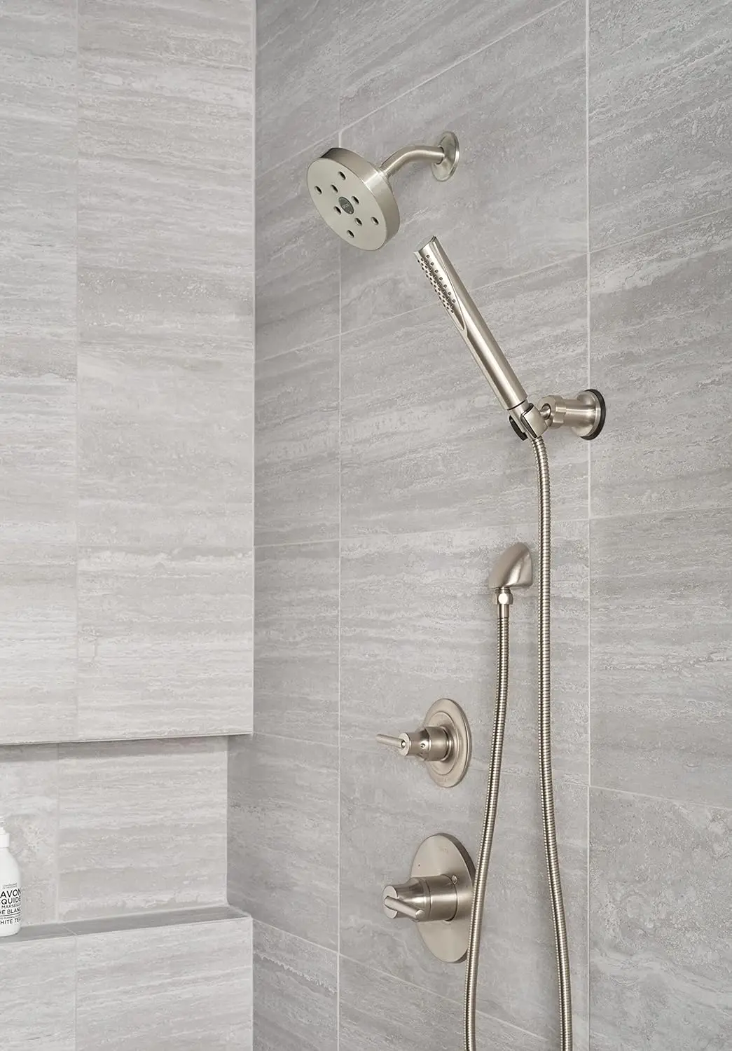 Trinsic 3-Setting Brushed Nickel Shower System Including Brushed Nickel Shower Head, Handheld Shower, Shower Handle