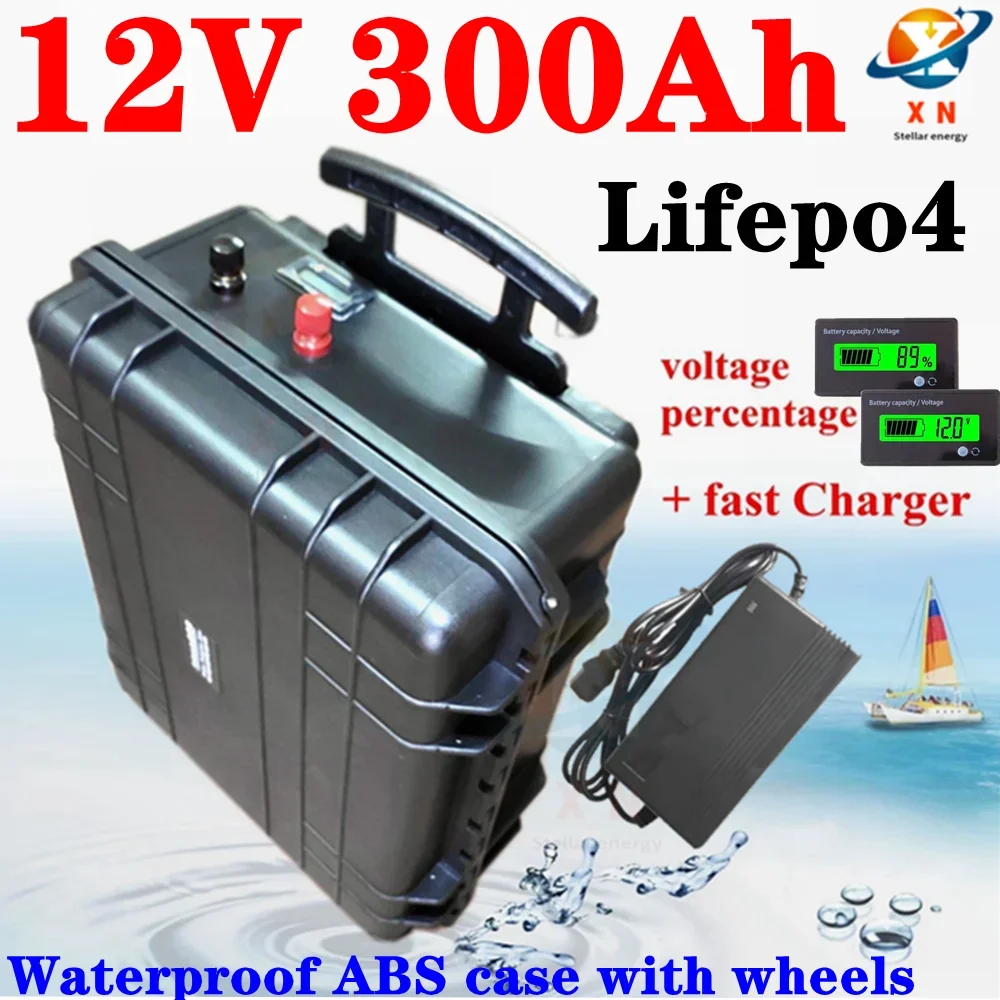 

waterproof 12V 300AH Lifepo4 battery lithium BMS with wheel trolley case for boat Solar System golf cart EV UPS +20A Charge