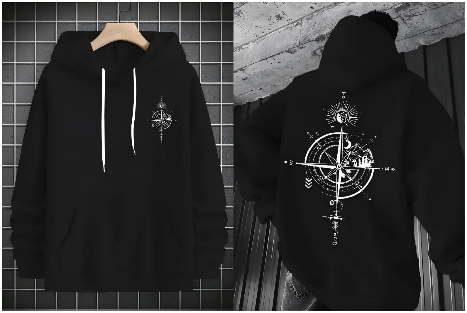 European and American men's new autumn compass print comfortable soft hooded sweatshirt outdoor street top