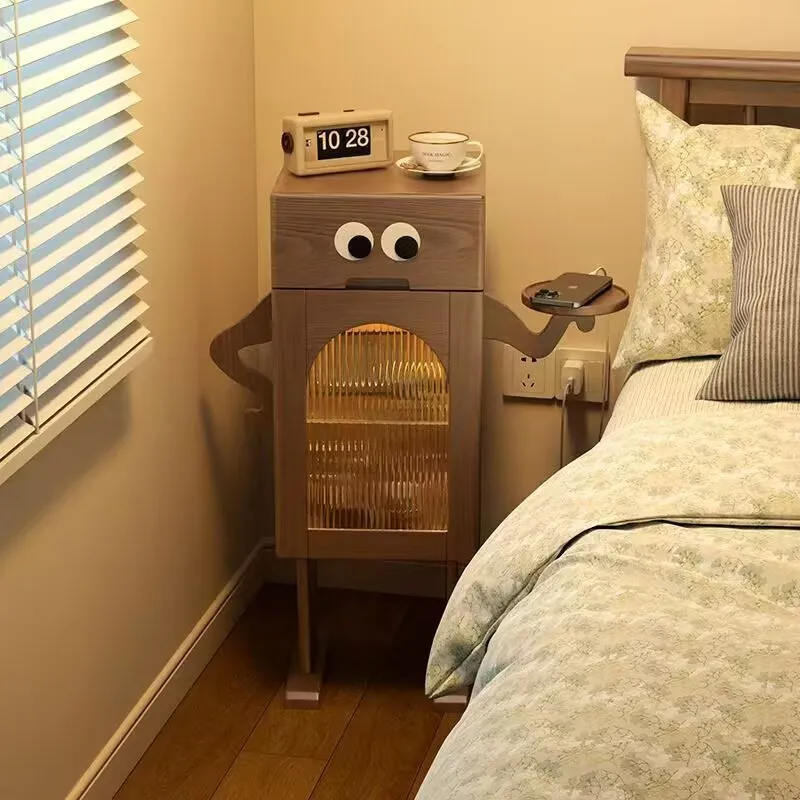 Cute Cartoon Robot Nightstand with Side Table LED Light Wooden Bedside Table Storage Narrow Night Stand Bedroom Kids Room Decor