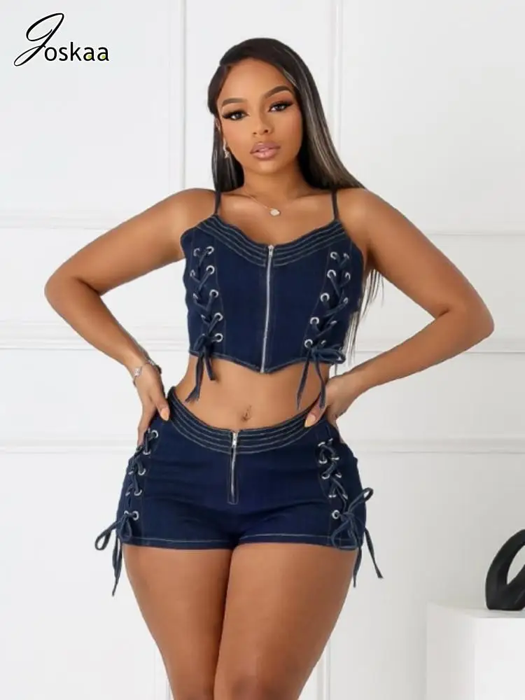 

Joskaa 2025 Women's Stretch Denim Two Piece Set Sexy Bandage Halter Zip-Up Tank Tops and Shorts Matching Y2K Streetwear S-XXL