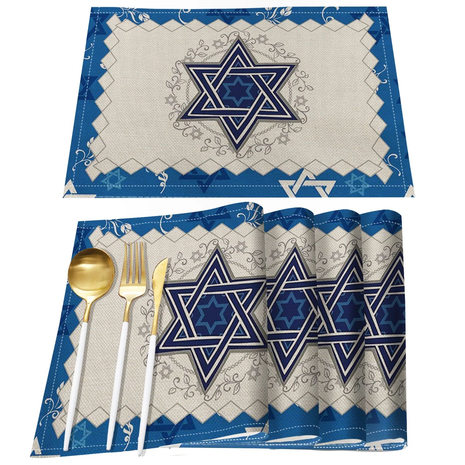 4/6pcs Jewish style Linen Placemats for Dining Table Kitchen Accessories Rustic Vintage Washable Table Mats Party Decorations