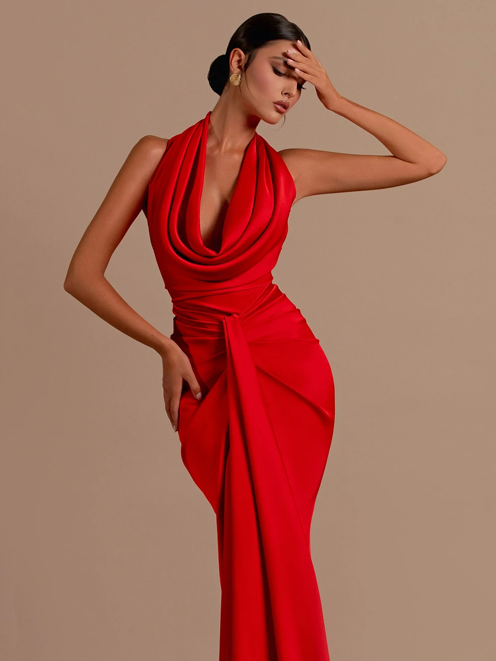 Modphy Women Sexy Backless Sleeveless Halter V-Neck Red Draped Maxi Long Bodycon Dress 2024 Elegant Pary Evening Wedding Dress