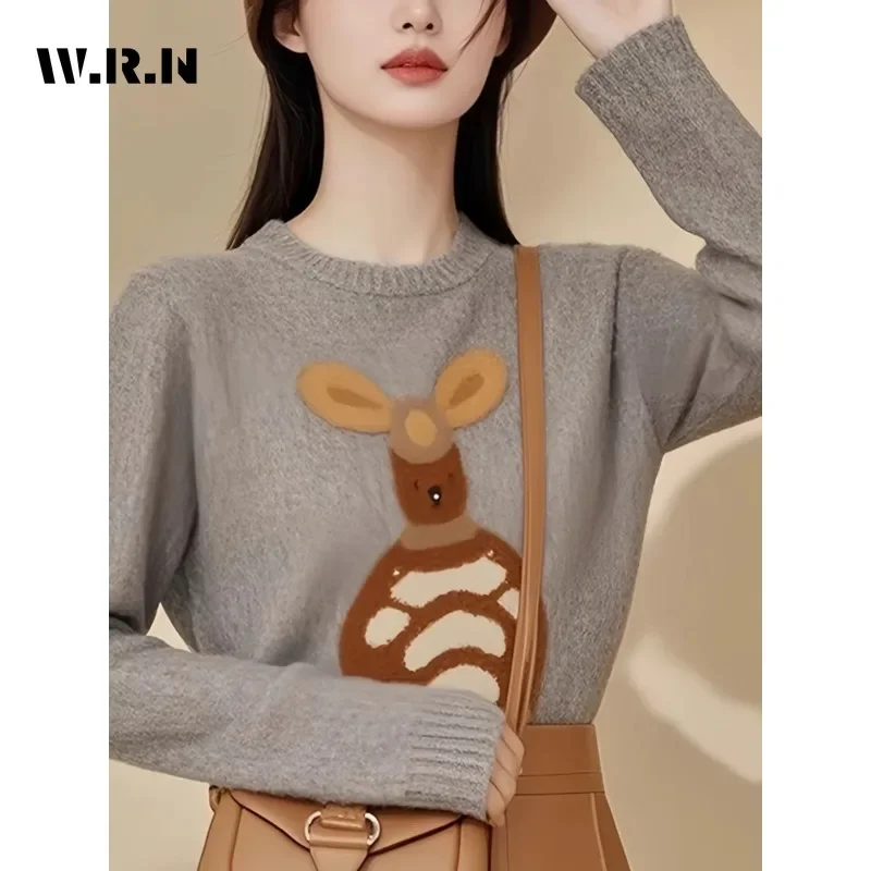 Casual Y2K Sweet Knitting Long Sleeve Pullovers 2025 Winter Women Lovely Jumpers Cartoon Appliques Round Neck Ladies Sweater