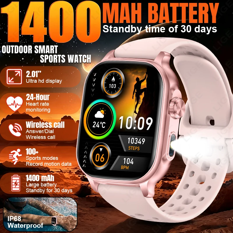 2.01" Ultra HD Screen Smart Watch 1400mAh Big Battery LED Flashlight 100+ Sports IP68 Waterproof Heart Rate BT Call Smartwatch