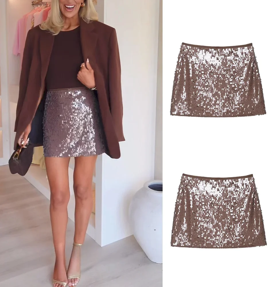 

KONDALA Lady Elegant Party Sequined Skirt Brown Sequins A-Line Mini Skirt 2025 Spring Summer Fashion High Street Women Skirts