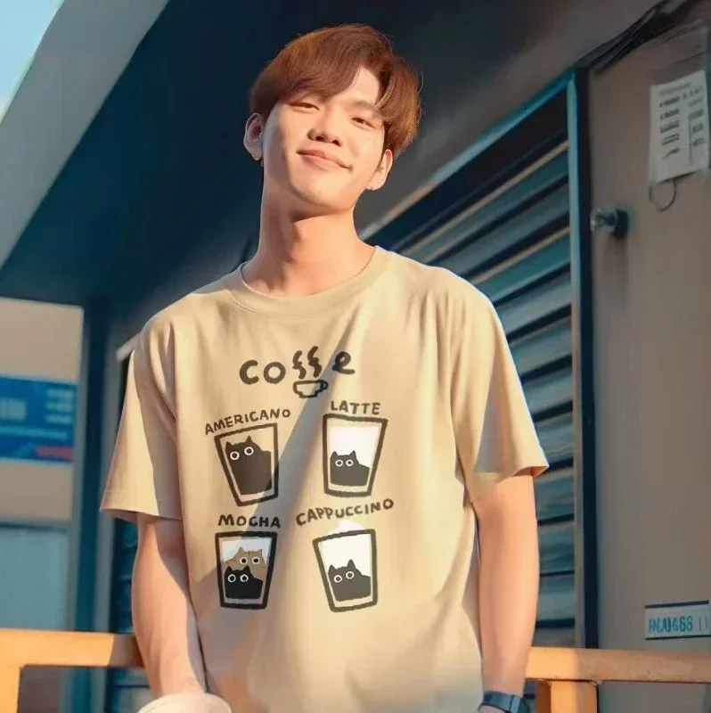 Summer Men and Women Vintage Cat Coffee Pattern T-Shirt Short Sleeve Cotton Round Neck Loose Versatile Half Sleeve Ins Clothes