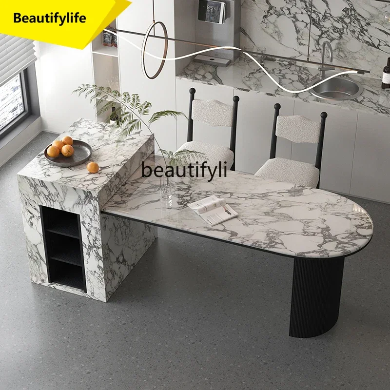 

LL A57 Marble island dining table integrated rock slab simple cream style light luxury retractable table