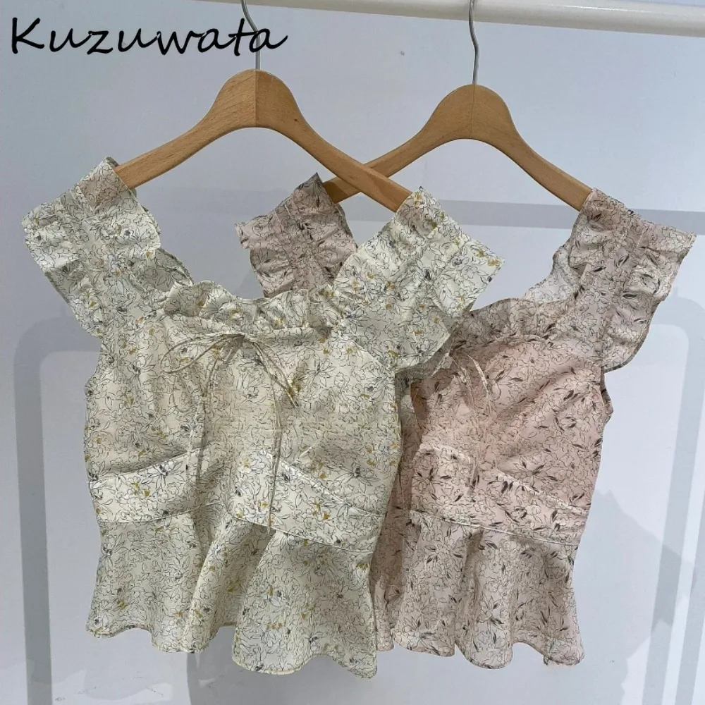 

Kuzuwata Summer Literary Office Lady Print Crop Top V Neck Ruched Fungus Lace Up All-match Blouses Japan Chiffon Ruffles Shirt