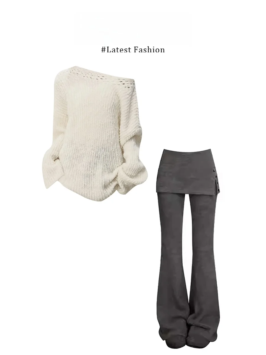 

Комплект Parkyeon2026: Вязаный свитер с круглым вырезом и имитацией двухслойных брюк, серый, для женщин, повседневный, комфортный, теплый, модный, ранняя весна