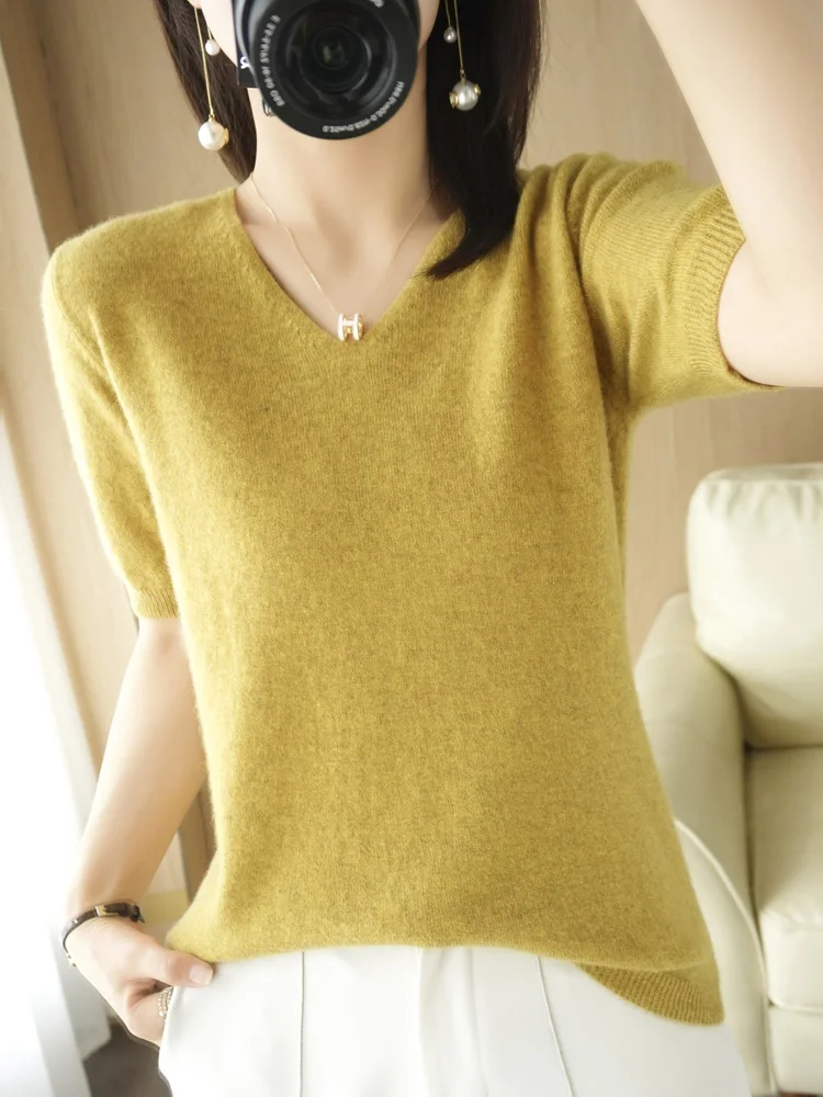 Women New Spring Summer Short-sleeved Tees V-neck Slim Cotton Blend Pullover Vest T-shirt Knitted Base Casual Knit Tops