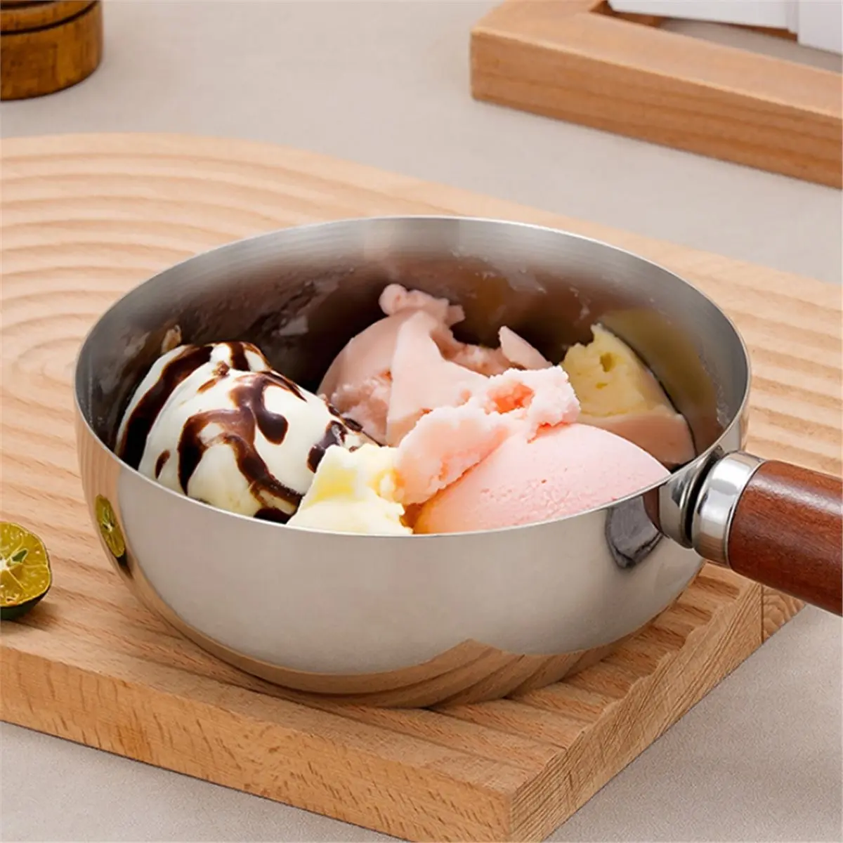 A10R Stainless Steel Small Pot Bowl Wood Handle Multi-Function Single-Person Cooking Sauce Bowl Fruit Salad Yogurt Bowl