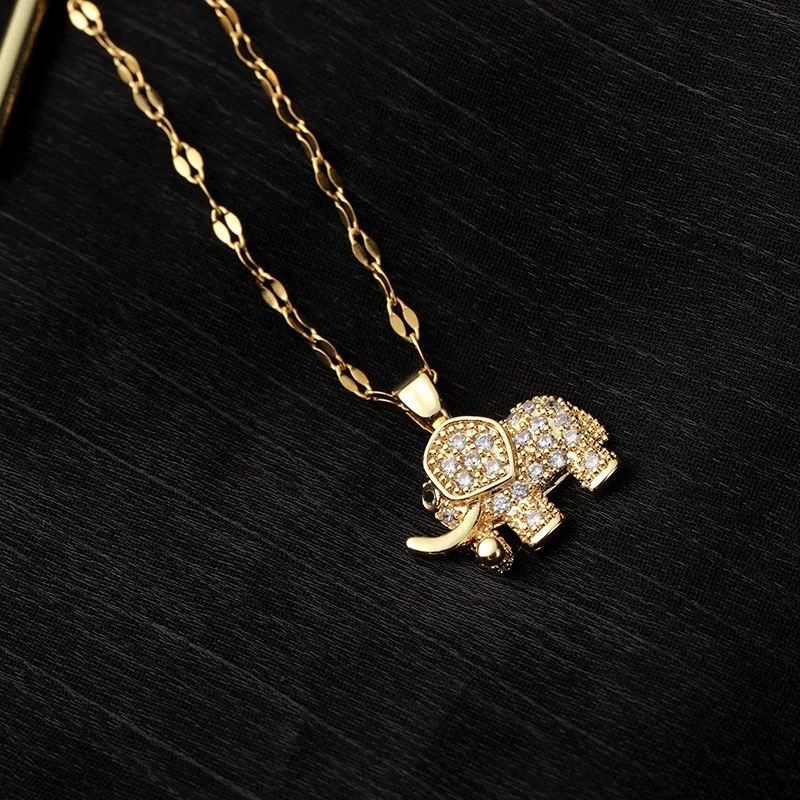 Cute Elephant Cubic Zirconia Pendant Necklaces For Women and Men Golden Copper Metal Necklace Versatile Daily Party Jewelry