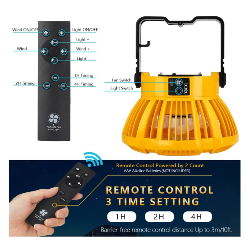 Imagem -04 - Ventilador sem Corda do Jobsite com Luz do Diodo Emissor de Luz para a Bateria do Li-íon de Dewalt 14.420v com fã de Acampamento Portátil de Controle Remoto Dobrável do Gancho