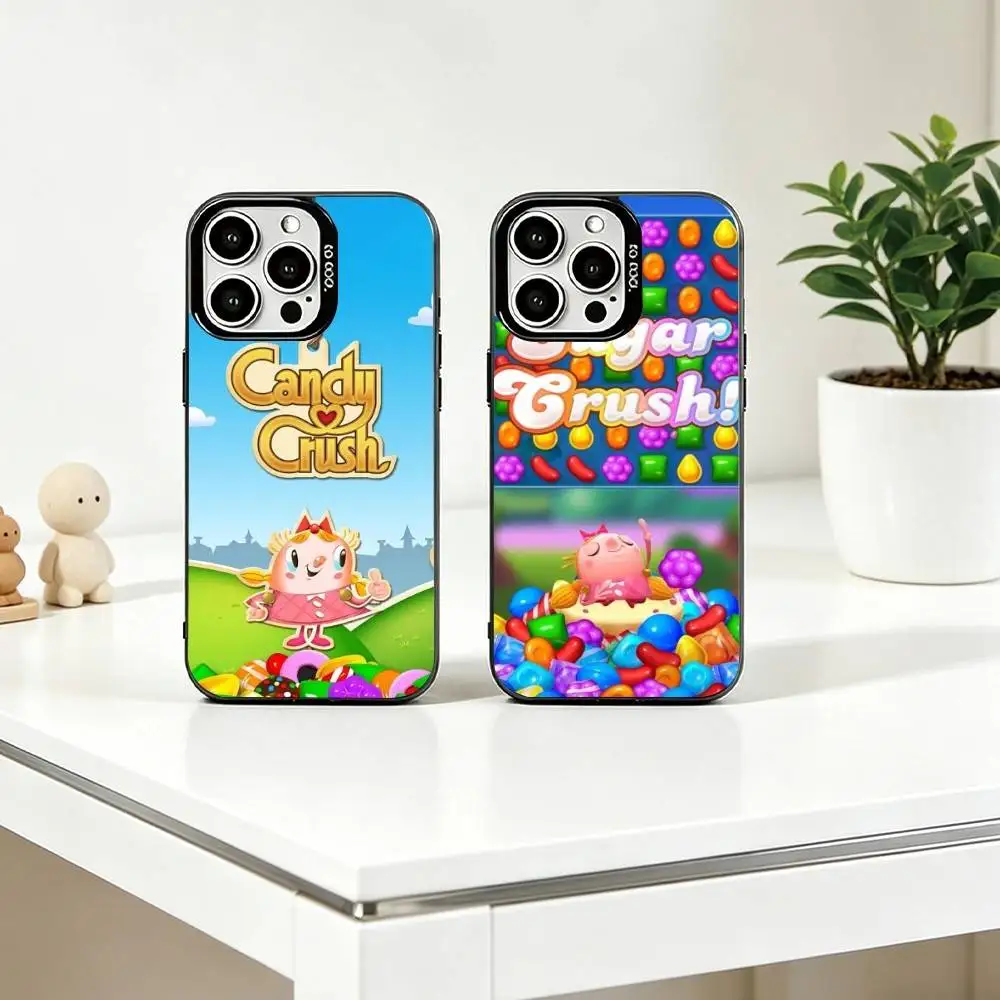 Capa de Celular C-Classic Game C-Candy Crush Saga para iPhone 17, 16, 15, 14, 13, 12, 11 Plus, Pro Max, XS, Capa Colorida Prata e Preta
