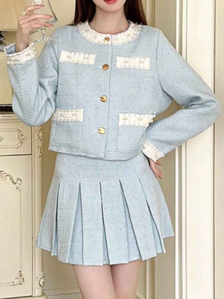 

Spring Summer Women Fashion Korean Skirts Suit Elegant and Chic Jackets Pleated Skirts Outfits Female Party Birthday Two Pieces