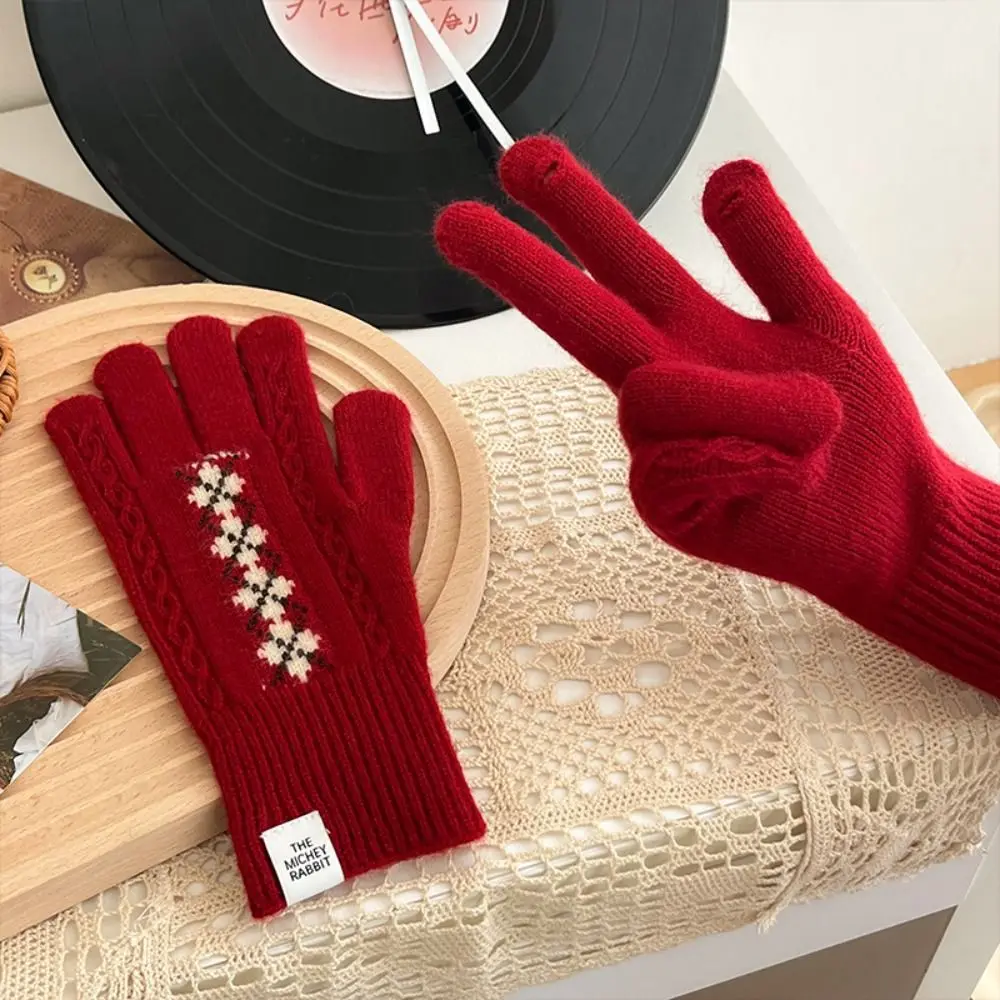 

Fair Island Style Winter Knitted Gloves Red Soft Crosshatched Pattern Wool Gloves Warm Touch Screen Women Cycling Mittens