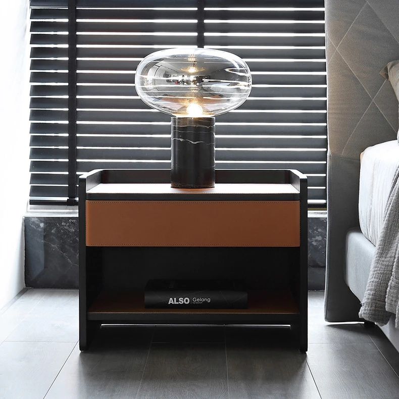 

Atunus Luxury Hotel Bedroom Retro Wood Frame Leather Storage Bedside Table Nightstand Furniture
