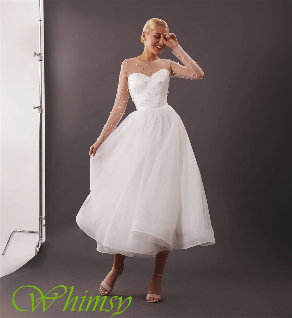 فستان سهرة رائع مخصص من التل برقبة دائرية وأكمام طويلة رقيقة فساتين لحضور الحفلات الموسيقية لؤلؤ رسمي للمناسبات الخاصة