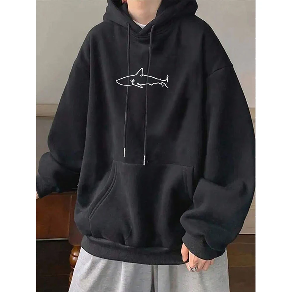 

2024 New Men's Casual Shark Pattern Print Drawstring Hoodie Mouse Pocket Spring and Autumn Fashion Trend Spring and Autumn Sweat