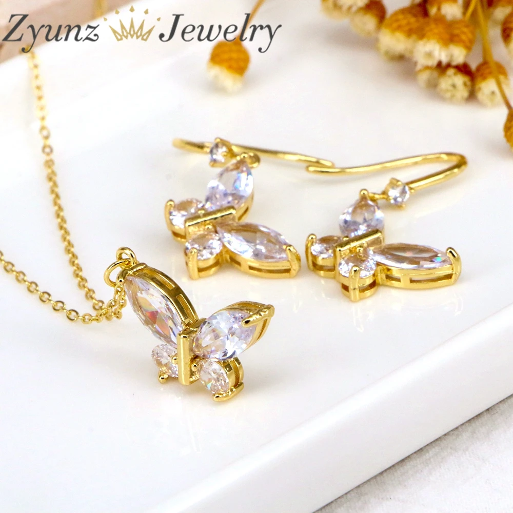 5 Sets, New Fashion Korean  Style Jewelry Clear Zircon Butterfly Necklace Earrings Set Wholesale