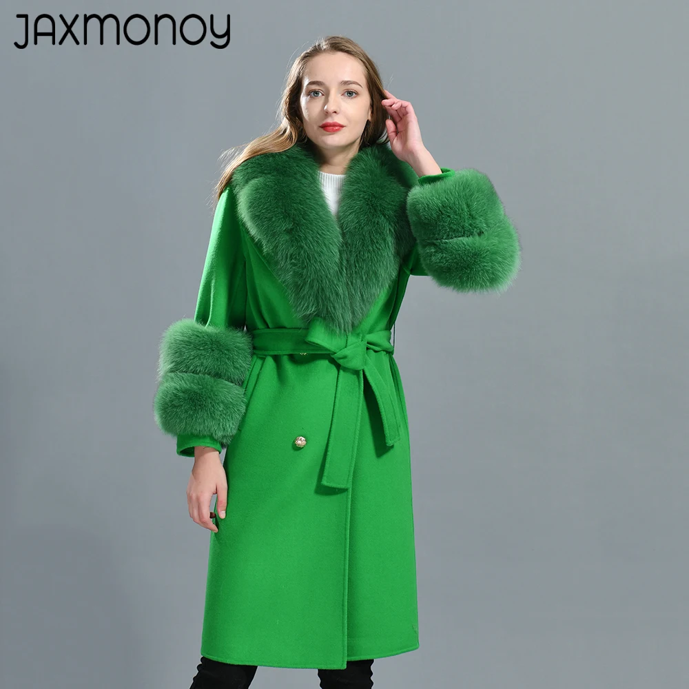 

Jaxmonoy Wool Coat and Blends For Women Real Fox Fur Collar Cuffs Autumn Fashion Cashmere Jacket Ladies Winter Long Trench Coats