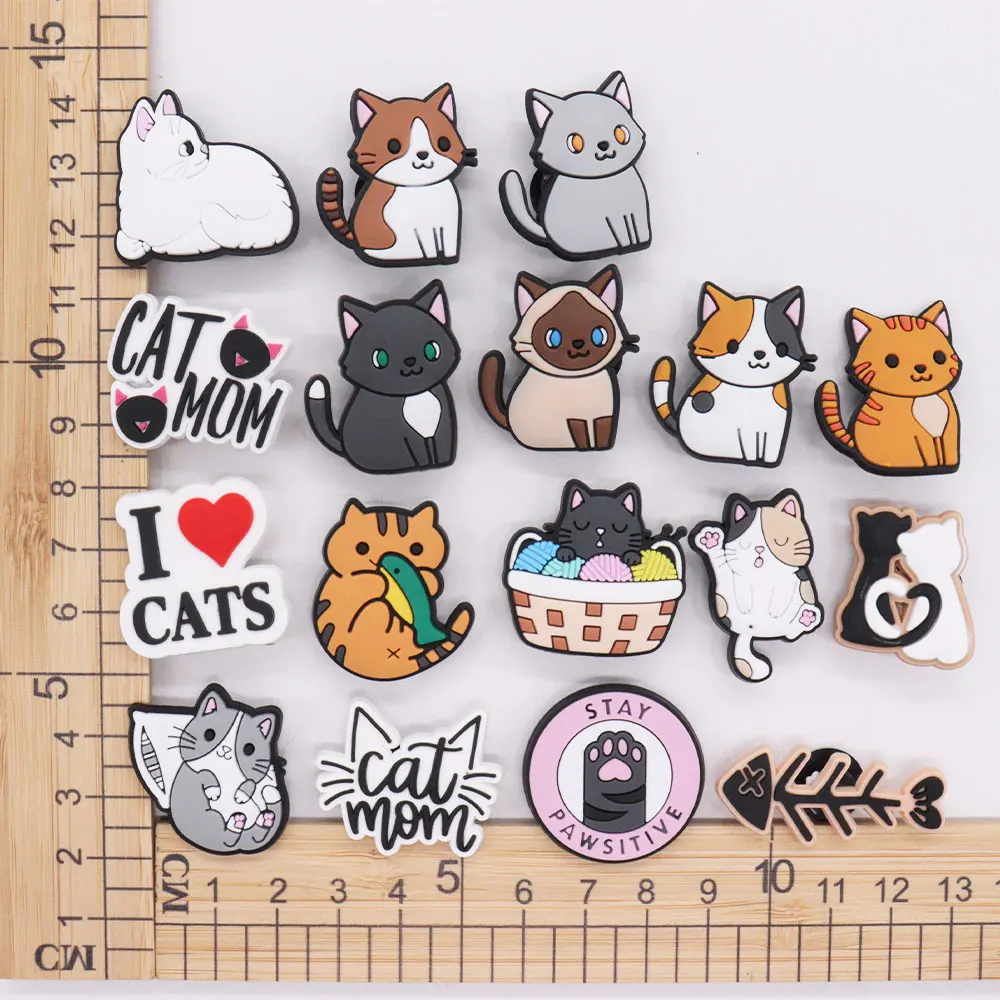 1-17PCS PVC Kawaii Animal Cat Mom Sandal Shoe Decoration Buckle Charms Fit Wristbands Hole Slipper Accessories Kid Xmas Gift