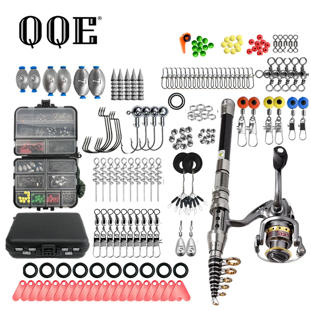 qqe-18m-伸縮式釣り竿とスピニングリールのセット。頑丈な収納ケース、フック、シンカー、釣り道具一式が付属。
