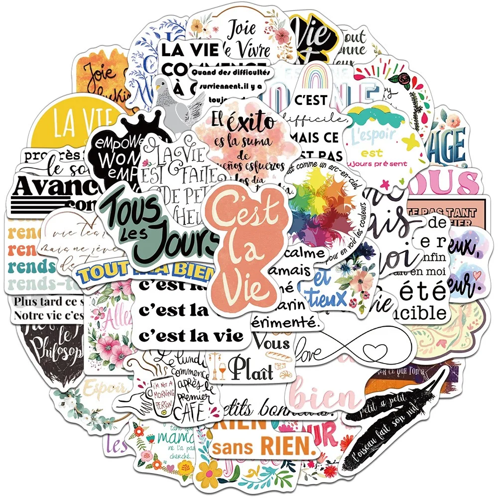 10/50 pçs cor citações inspiradoras francesas palavras adesivos afirmação positiva decalques geladeira telefone pvc adesivo à prova dwaterproof água