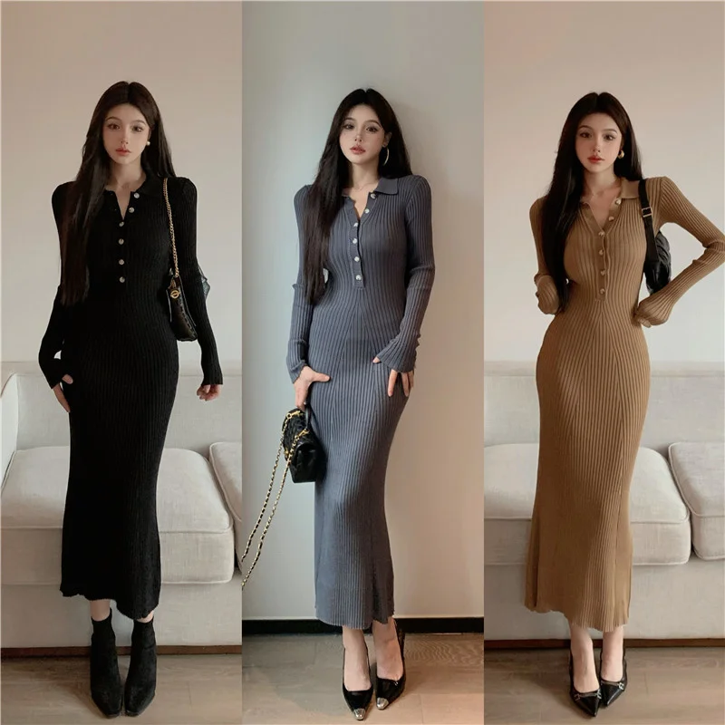 Y2K Women Bodycon Knitted Dress Lady Single Breasted Lanter Sleeve Elegant Female Turn Down Collar Mid Split Slim Dresses Autumn