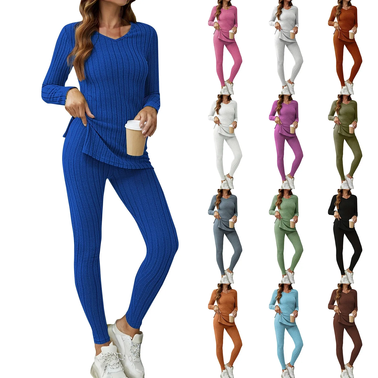 Plus Size Casual Outfits Sets Women's Plus Solid Ribbed Long Sleeve Round Neck Split Hem Top & Pants Outfits 2 Piece Set