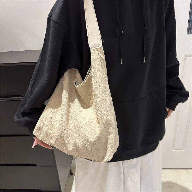 Vintage Damentasche, große Kapazität, Wildleder-Umhängetasche, einfarbig, schlichtes Design, lässige Pendler-Shopper-Tasche – Detail 16
