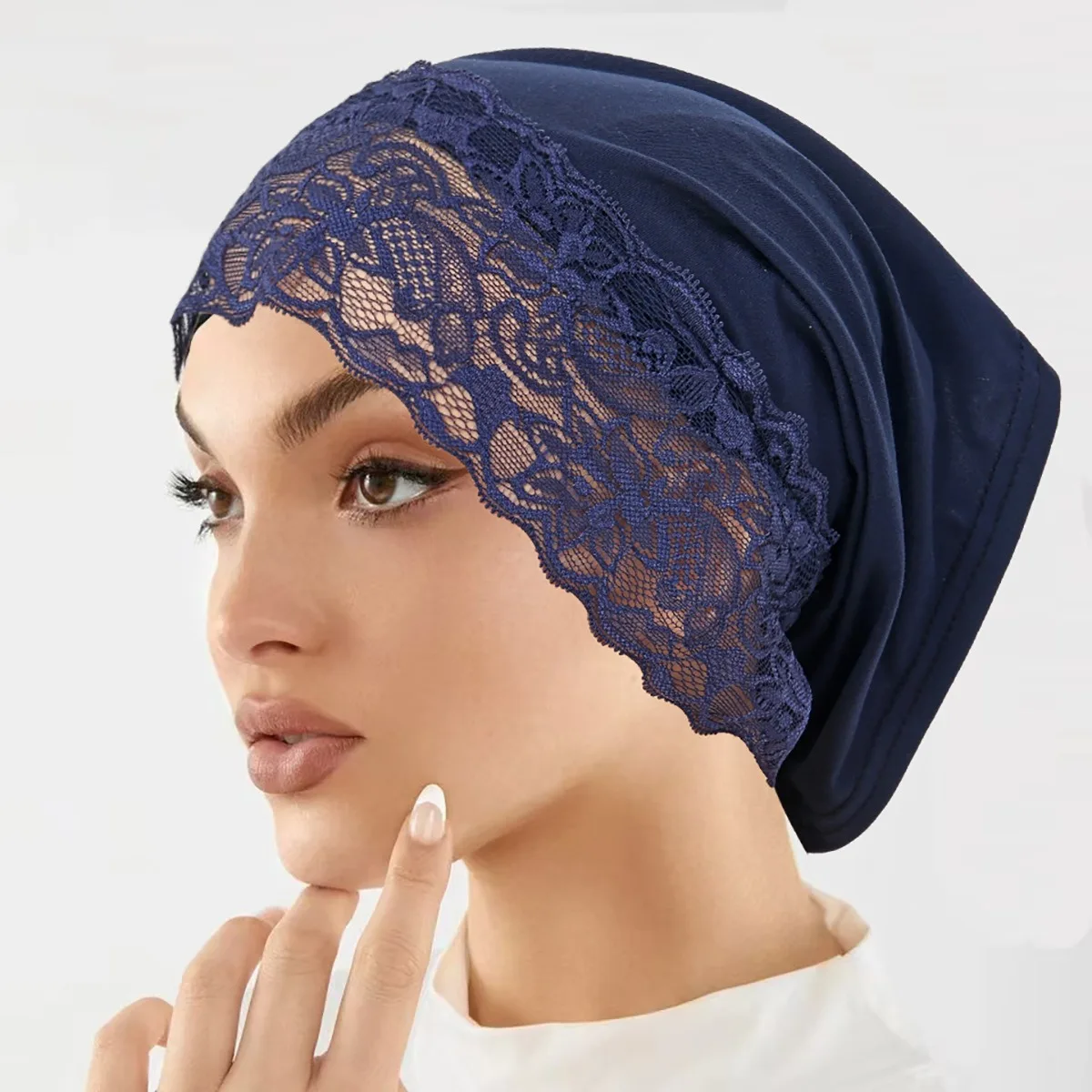 Lace edge headscarf hat for women, solid color simple pullover hat, soft, comfortable, breathable