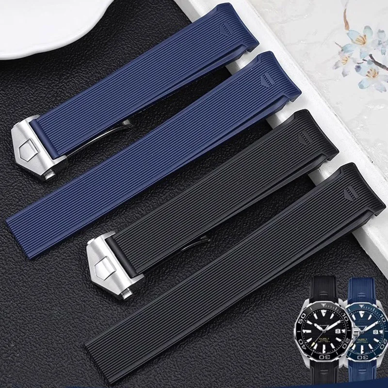 Leichte, atmungsaktive, rutschfeste Silikon-Uhrenarmbänder für Tag Heuer Aquaracer Series, Schwarz, Blau, weiches, wasserdichtes Uhrenarmband, 22 mm
