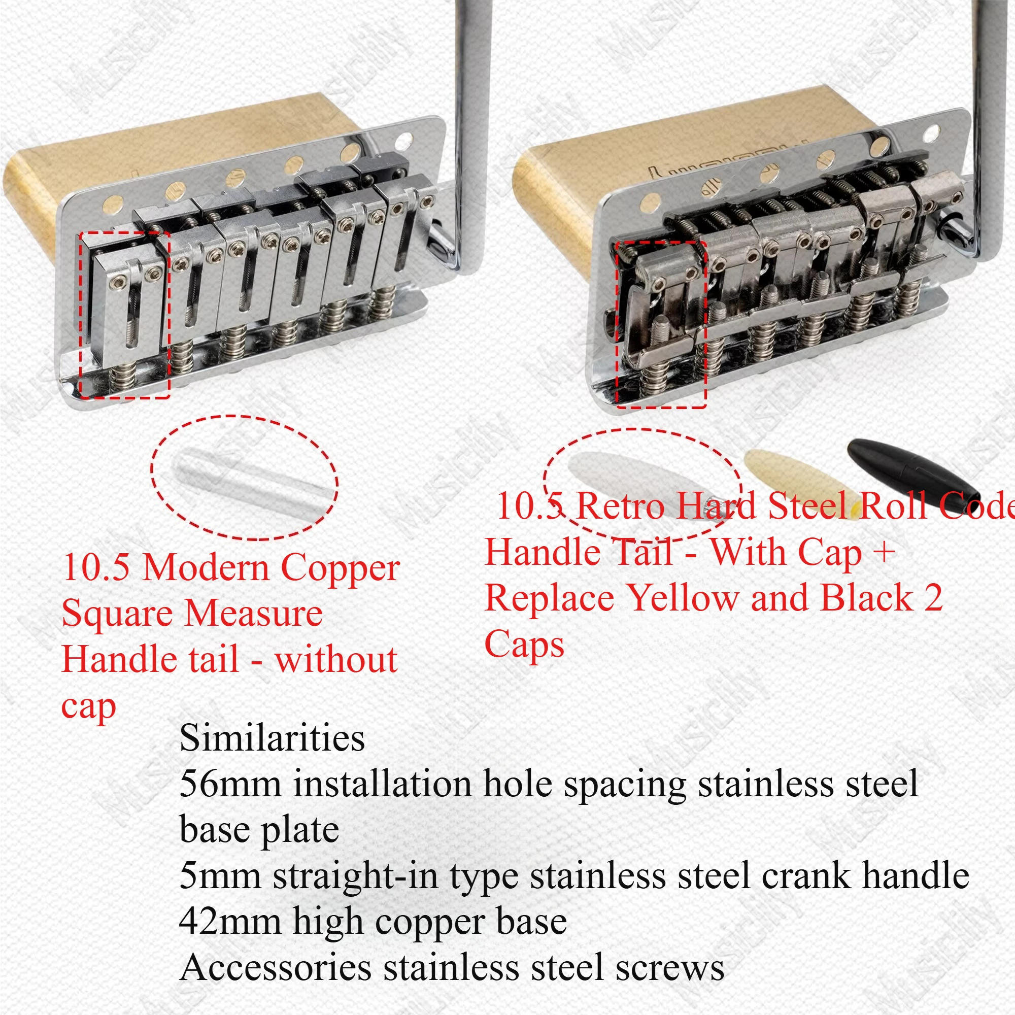 

Самый продаваемый 6-точечный тремоло-бридж 52,5/56 мм для электрогитары ST с латунной основой и седлами из нержавеющей стали, полный комплект