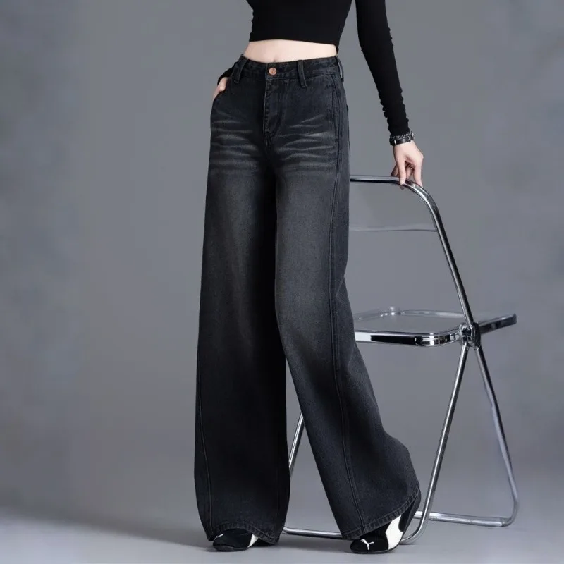 Nowe amerykańskie jeansy retro z polaru na jesień i zimę, z wysokim stanem, luźne, casualowe, wyszczuplające, proste, modne, uniwersalne spodnie z szerokimi nogawkami.