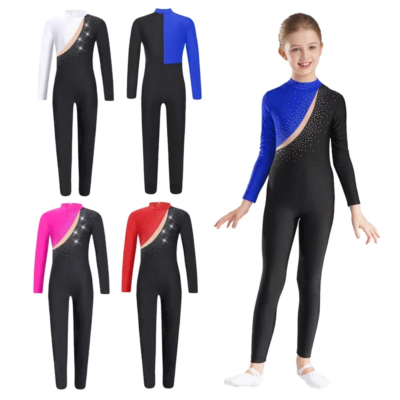 Kids Girls Rhinestone Gymnastics Ballet Leotard Long Sleeve Jumpsuit Figure Skating Stage Performance Competition Bodysuit