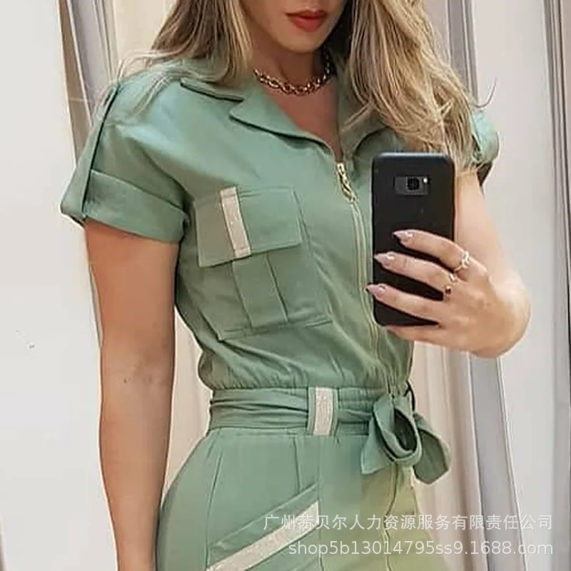 Mandylandy Green Bodycon Mini Dress Women Short Sleeve Lace-up Zip Shirt Dress High Waist Slim Fits Casual Shirt Dresses