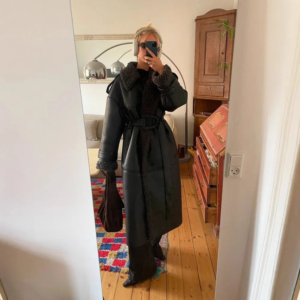 

Длинная куртка из искусственного меха, женская длинная куртка с лацканами и поясом с длинными рукавами, утепленные женские пальто, зимняя модная уличная лоскутная женская верхняя одежда