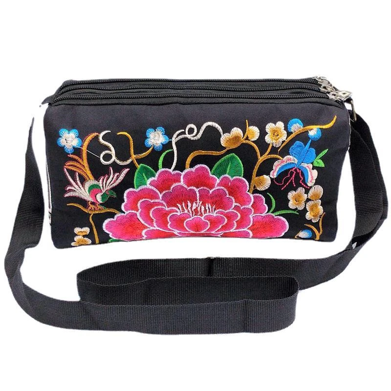 New Ethnic Style Embroidery Bag Three Zipper Double Sided Women Shoulder Crossbody Bag