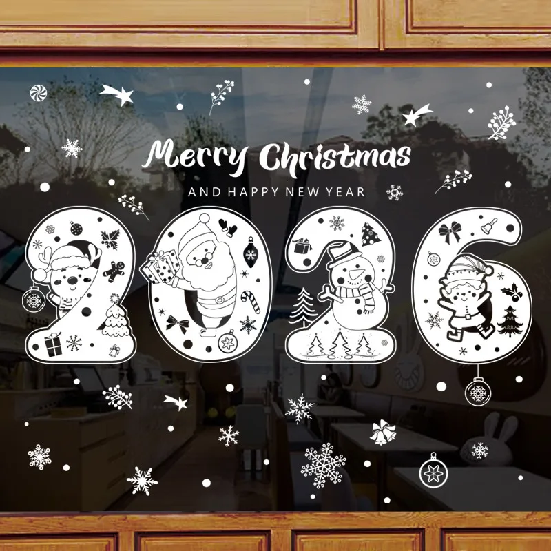 

2026 Merry Christmas Santa Claus Snowflakes Static Adhesive Stickers on the Glass Window Wall for New Year Home Mall Decorations