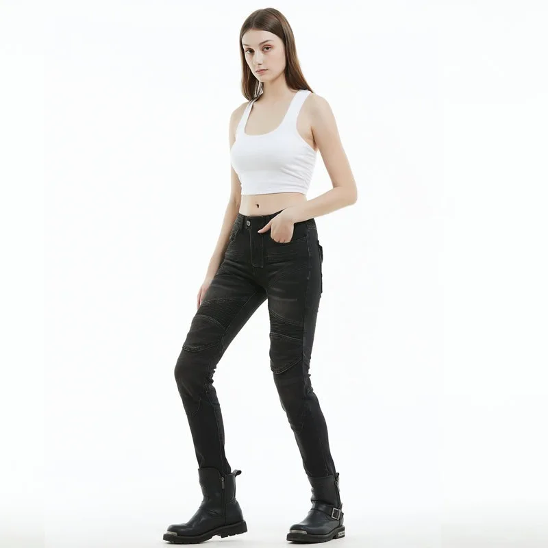 

2026 Fashion Women's Vintage Motorcycle Jeans Stretch Anti-Fall Riding Pants With Standard Protective Gear