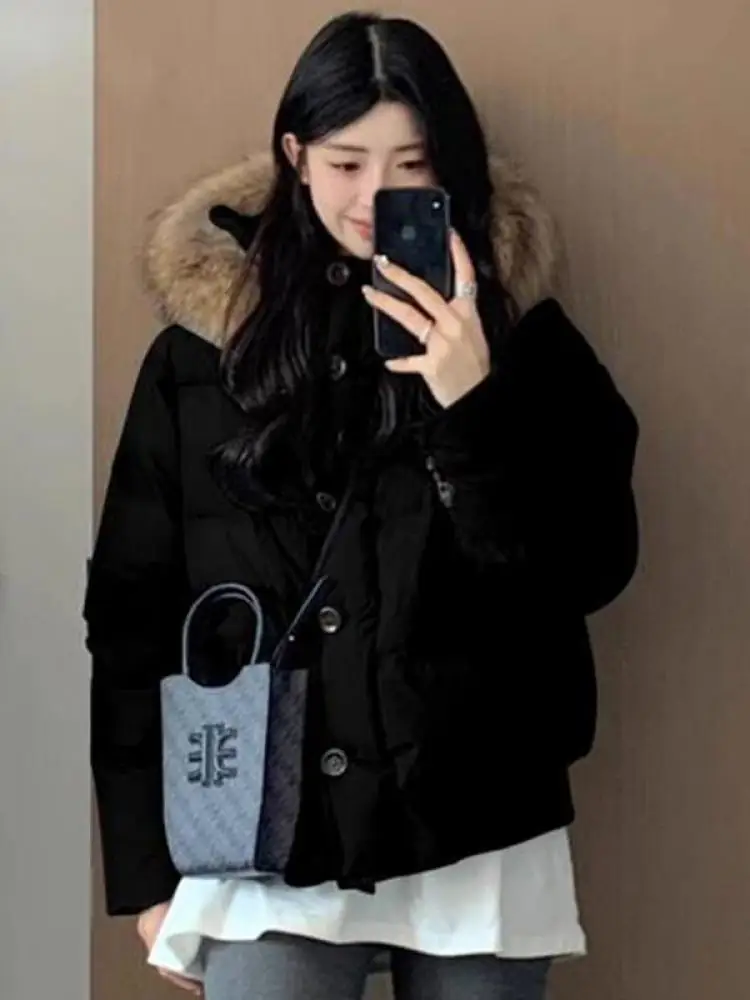 

Korean Fashion 2025 Autumn Winter New Solid Single Breasted Thick Short Jacket Women's Versatile Hooded Down Cotton Coat Popular