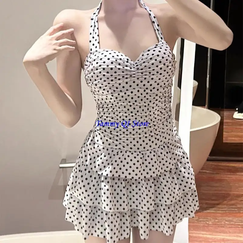 

F1FD Classical Round Dot Tankini Swimsuit Adjustable Shoulder Ties Swimwear Dress