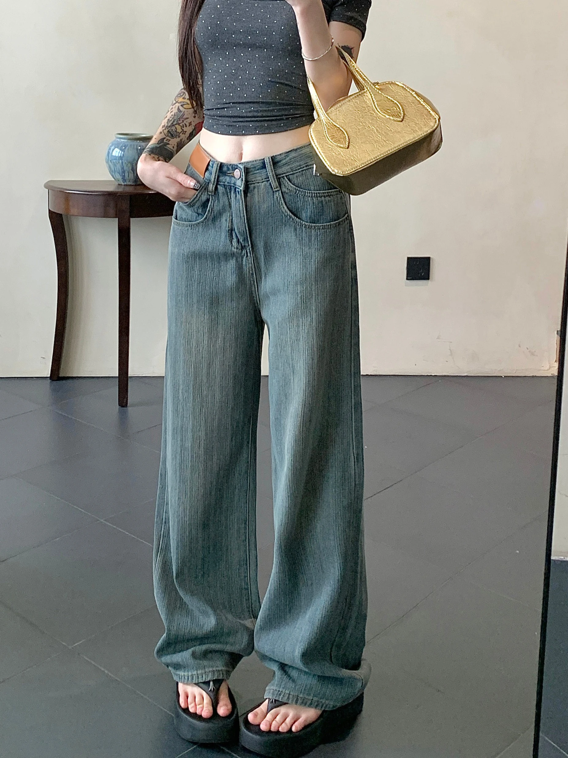 

Джинсы женские с высокой талией, прямые, синие, из денима, больших размеров, с эффектом похудения, текстурированные, широкие брюки, универсальные, длинные штаны