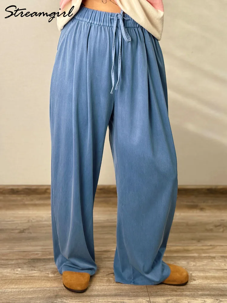 夏薄型リヨセルジーンズ女性弾性ウエストアイスシルクワイドレッグデニムパンツピンクだぶだぶのジーンズ女性のための夏の緩いズボン