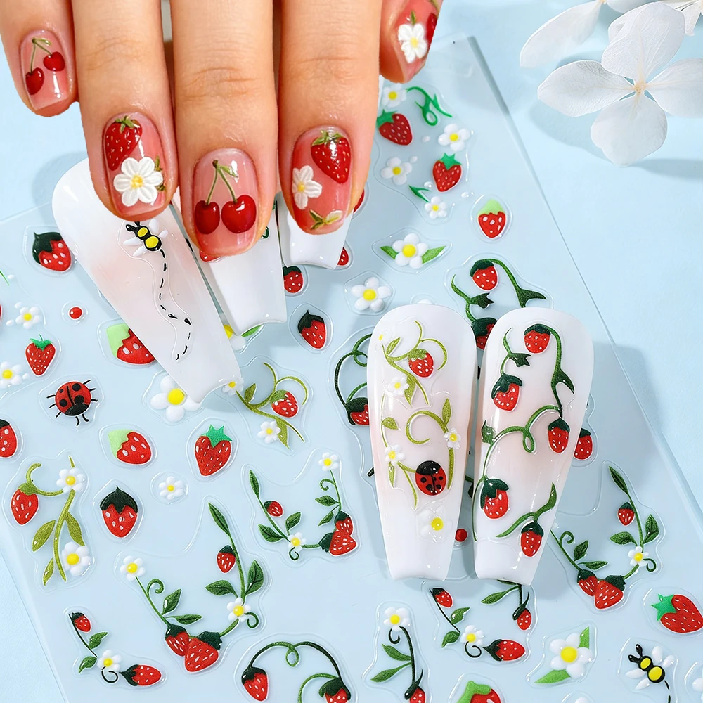 

Small White Flower Petal Strawberry Nail Stickers Sweet Fruits Strawberries Nail Decal Waterproof Long-Lasting Manicure Decal