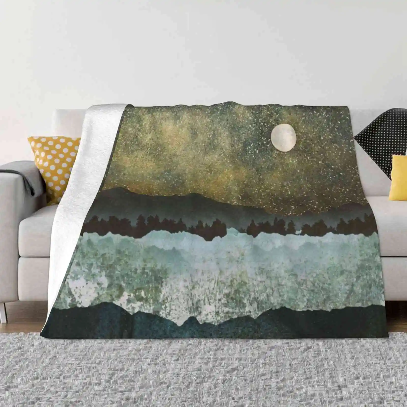 Stars Soft Warm Throw Blanket Stars Night Celestial Wanderlust Mountains Trees Forest Blue Grey Nature Landscape Evening Moon